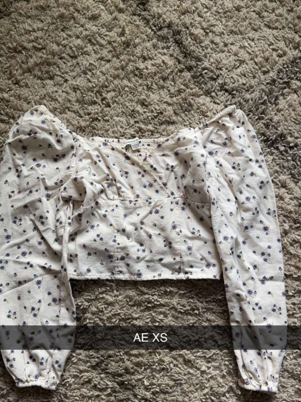 American Eagle Outfitters Cream Floral Puff Sleeve Crop Top